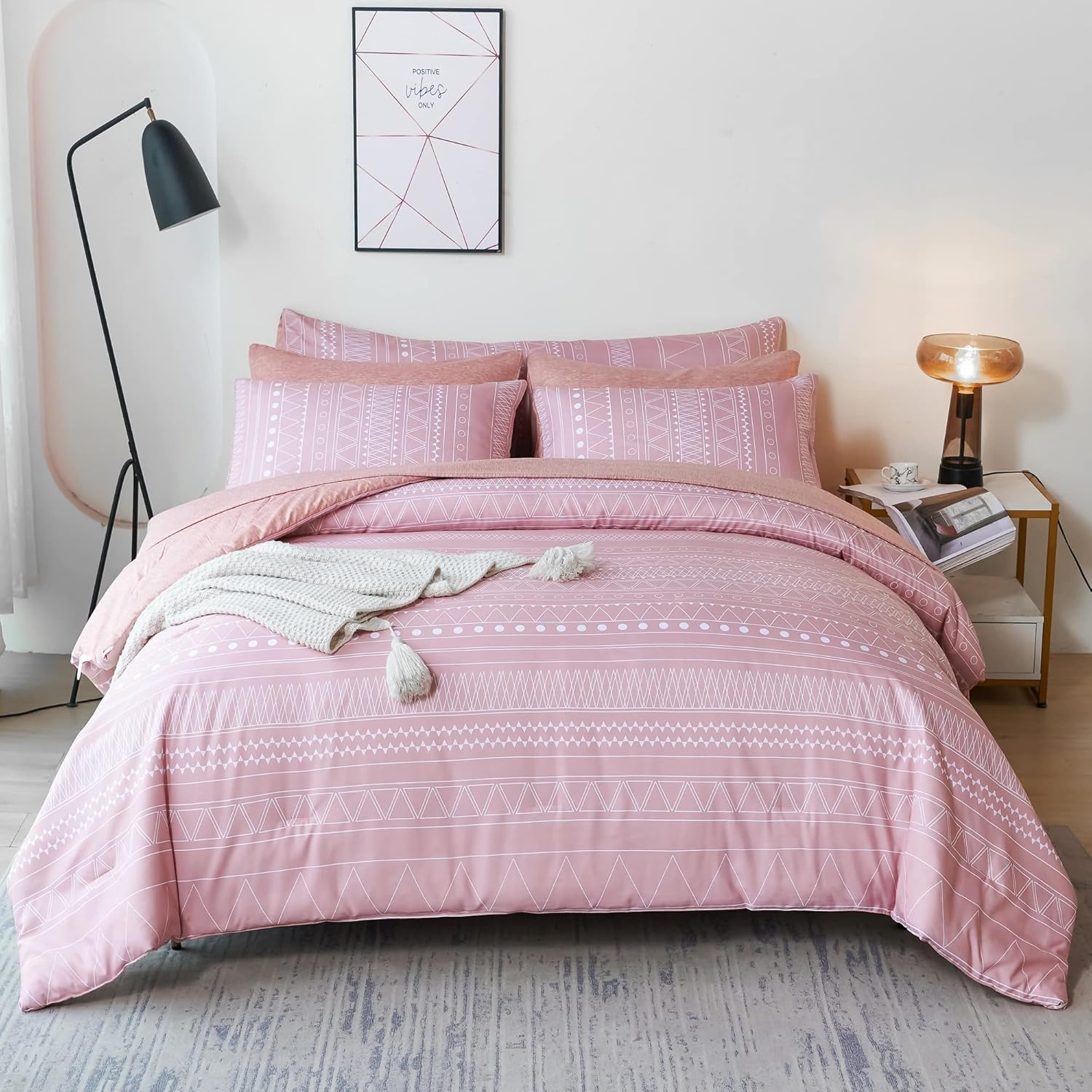 RYNGHIPY Bed in a Bag Pink Comforter Sets Queen Size 8Pcs, Boho Style Lightweigh...