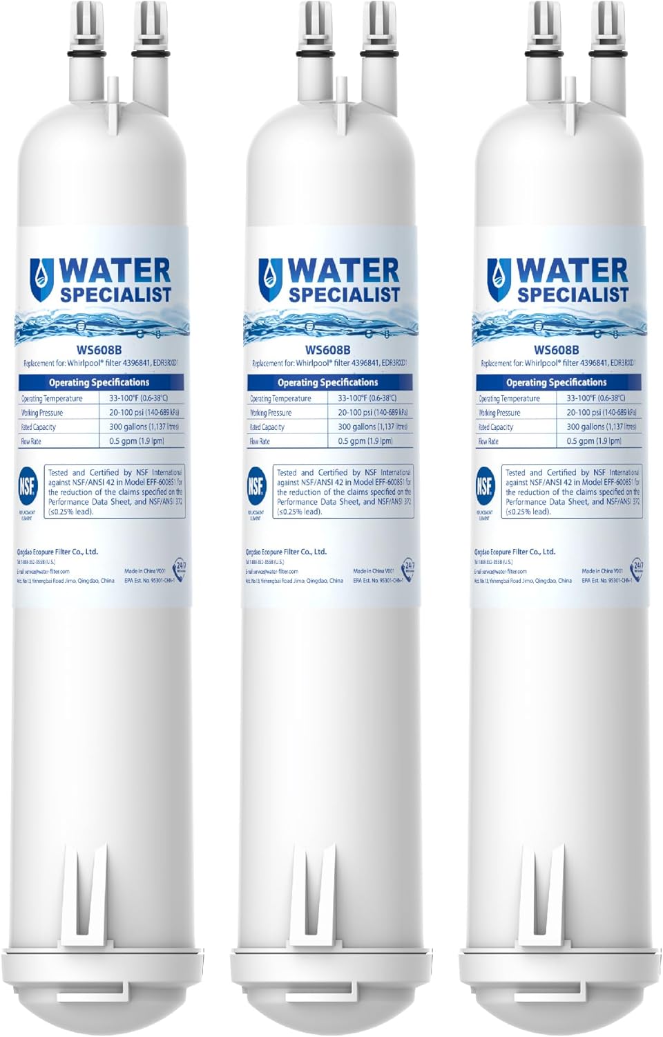 Waterspecialist WS608 Water Filter, Replacement for Whirlpool® EDR3RXD1, 4396841...