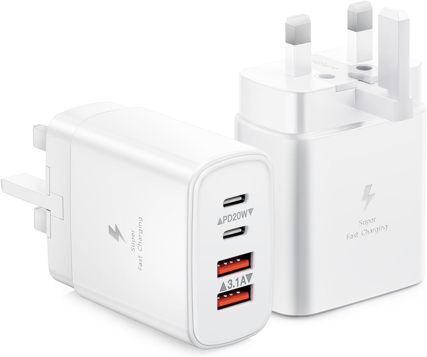 2-Pack USB Plug UK, 40W USB C Fast Charger Plug 4-Port Type C Charging Head, Mul...