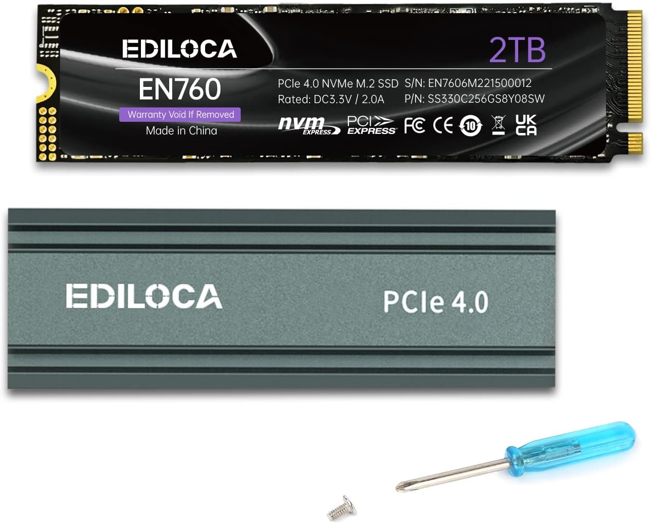 Ediloca EN760 SSD with Heatsink 2TB PCIe Gen4, NVMe M.2 2280, Up to 4800MB/s, In...
