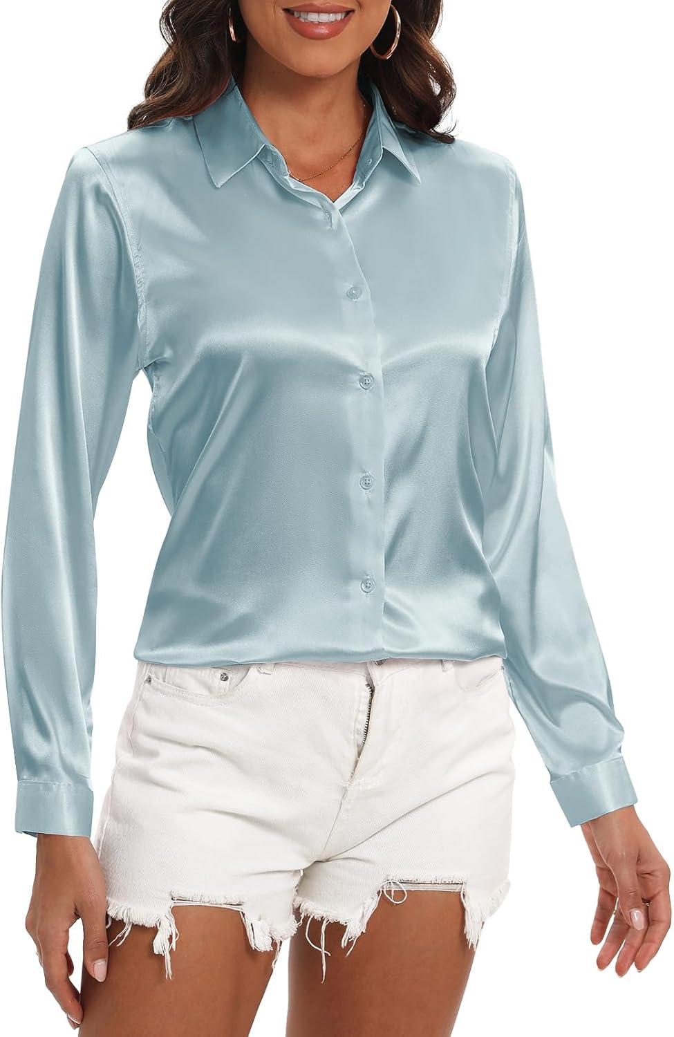 COUXILY Womens Satin Button Down Shirt Business Casual Long Sleeve Silk Blouse C...