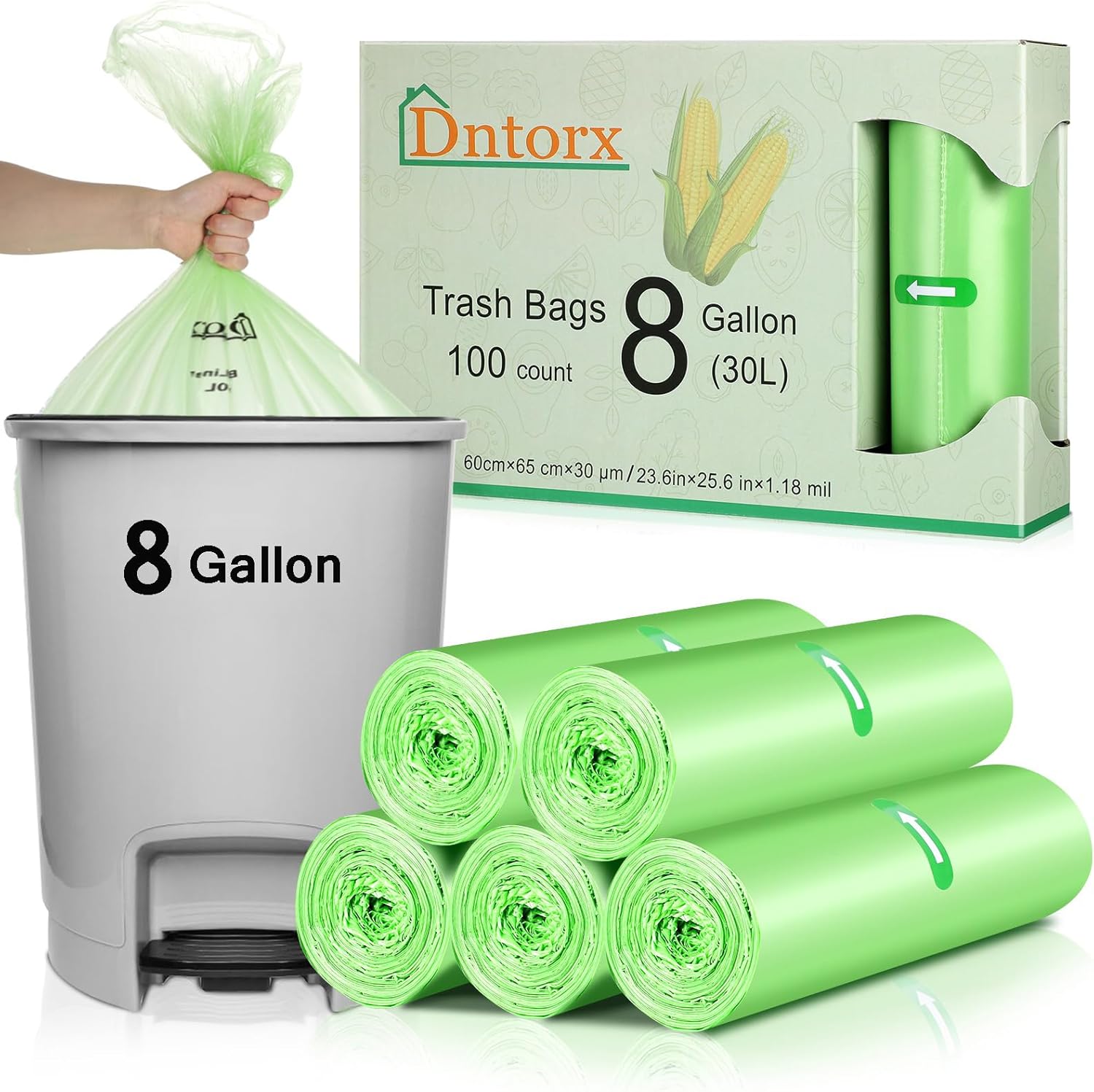 Dntorx 5 Rolls 30L Bin Bags Heavy-Duty, 100 Counts Bin Liners Food Waste Bag Str...