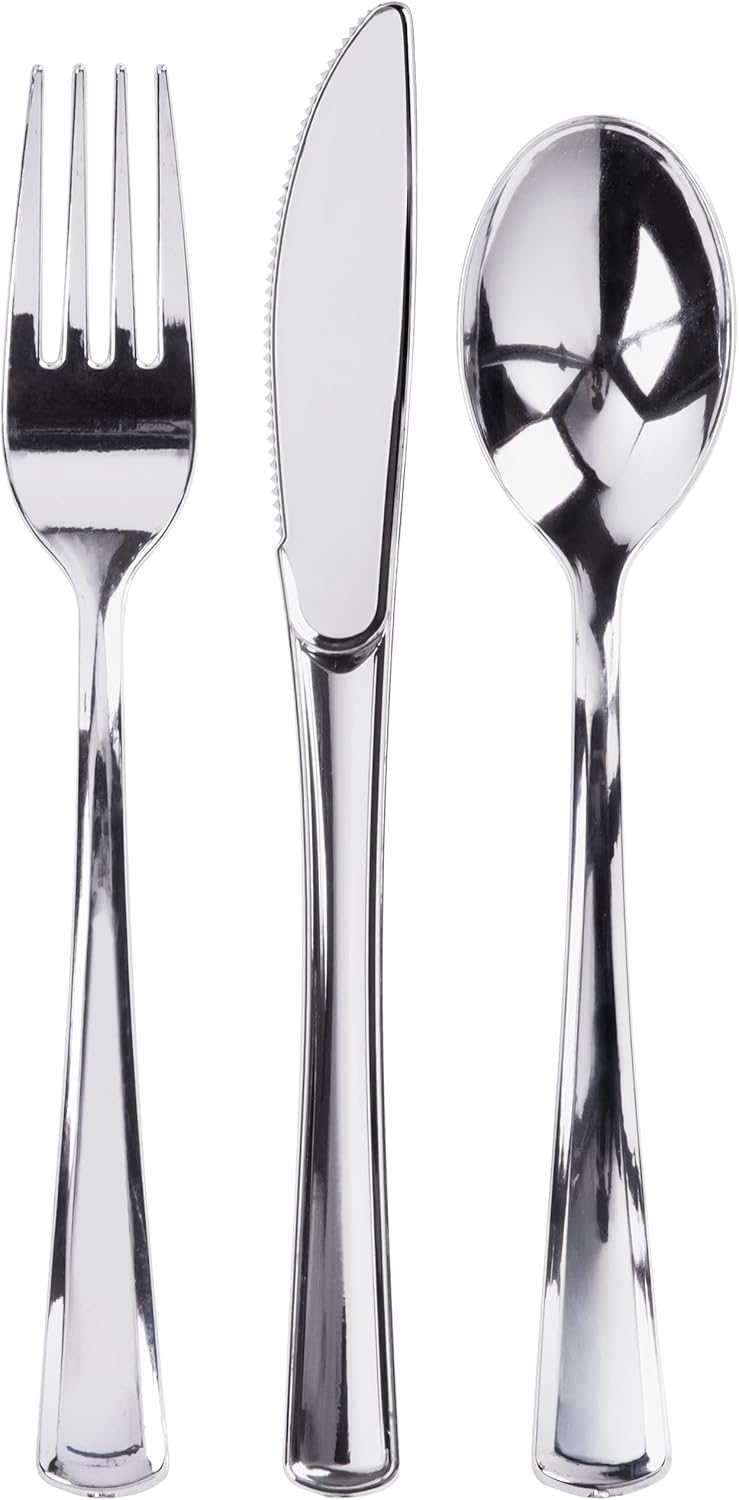 Prestee 300 Plastic Silverware Set - 100 Silver Plastic Cutlery - Plastic Silver...
