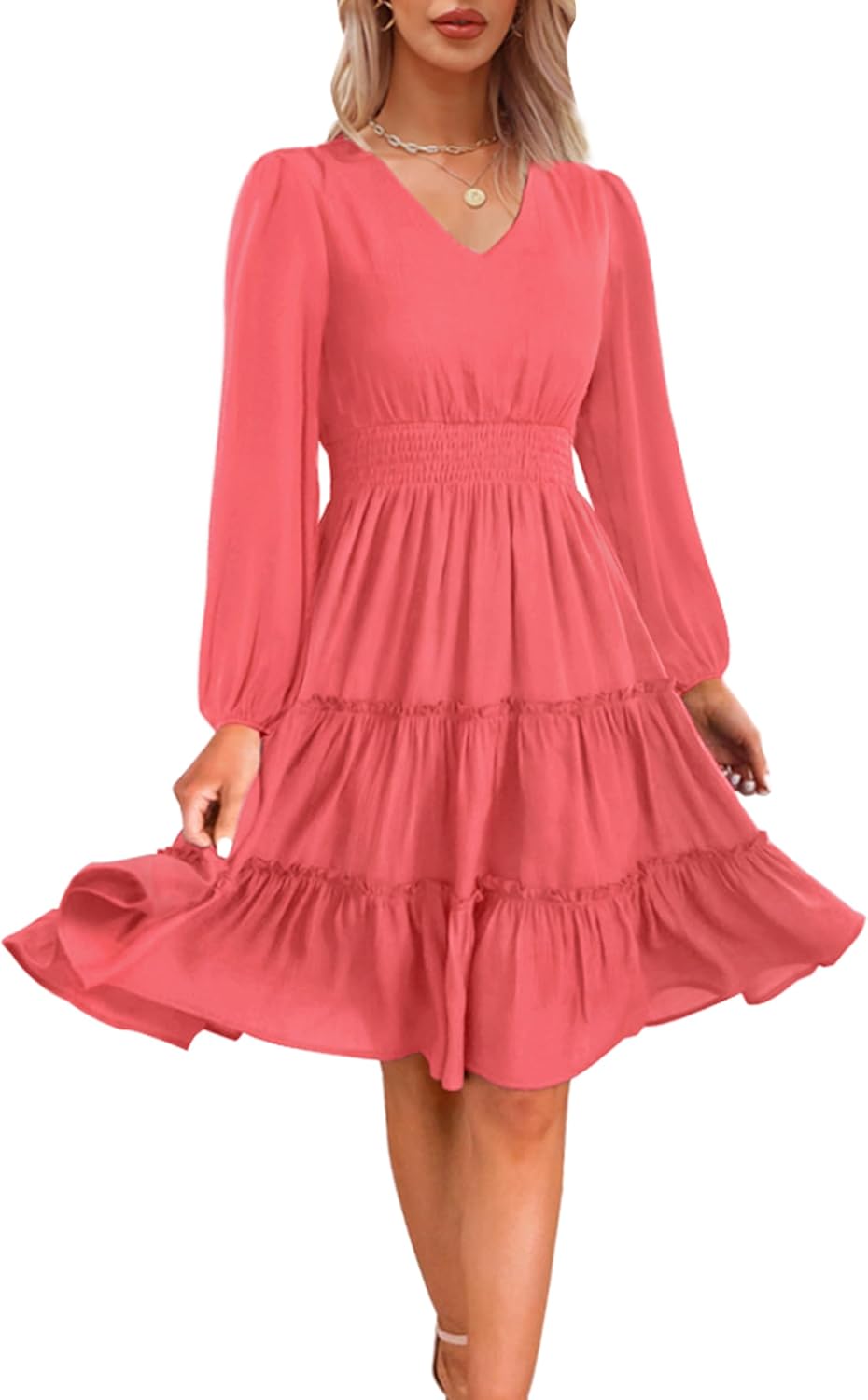 Zattcas Women 2024 Long Sleeve Fall Dress V Neck Smocked Waist Casual Flowy A Li...