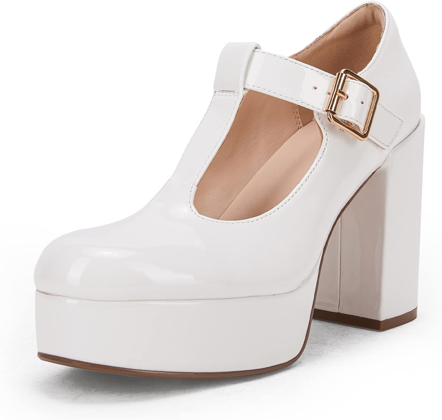 Coutgo Women's T-Strap Round Toe Platform Heels Chunky Heel Patent Mary Jane Dre...