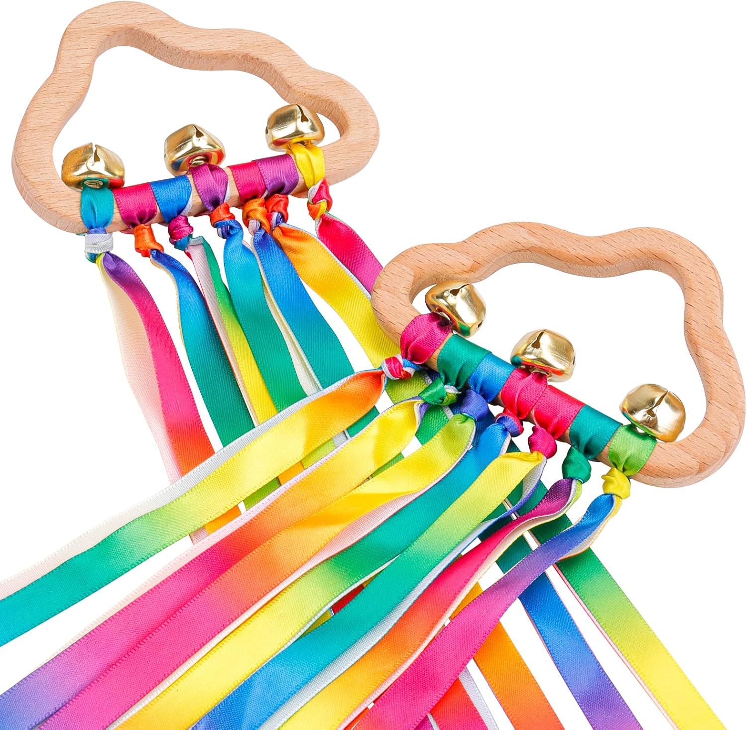 2PCS Sensory Wooden Ring Baby Toys - Babies Rainbow Ribbon Rattle Toy Educationa...