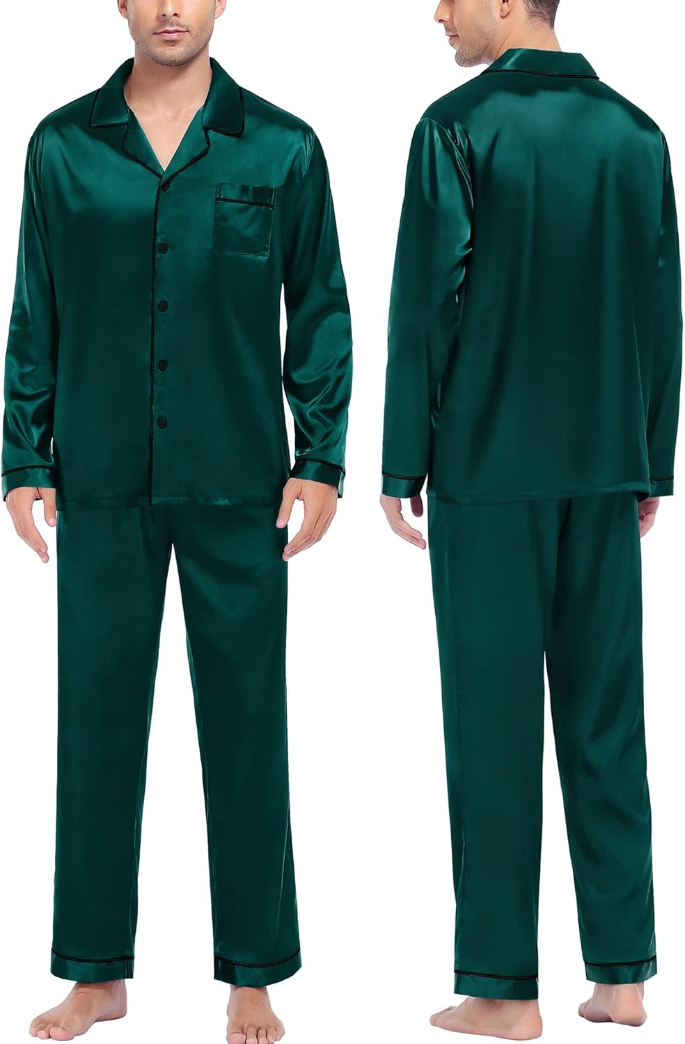 SWOMOG Mens Satin Pyjamas Set Long Sleeve Button Down Sleepwear Silk Pyjama Set...