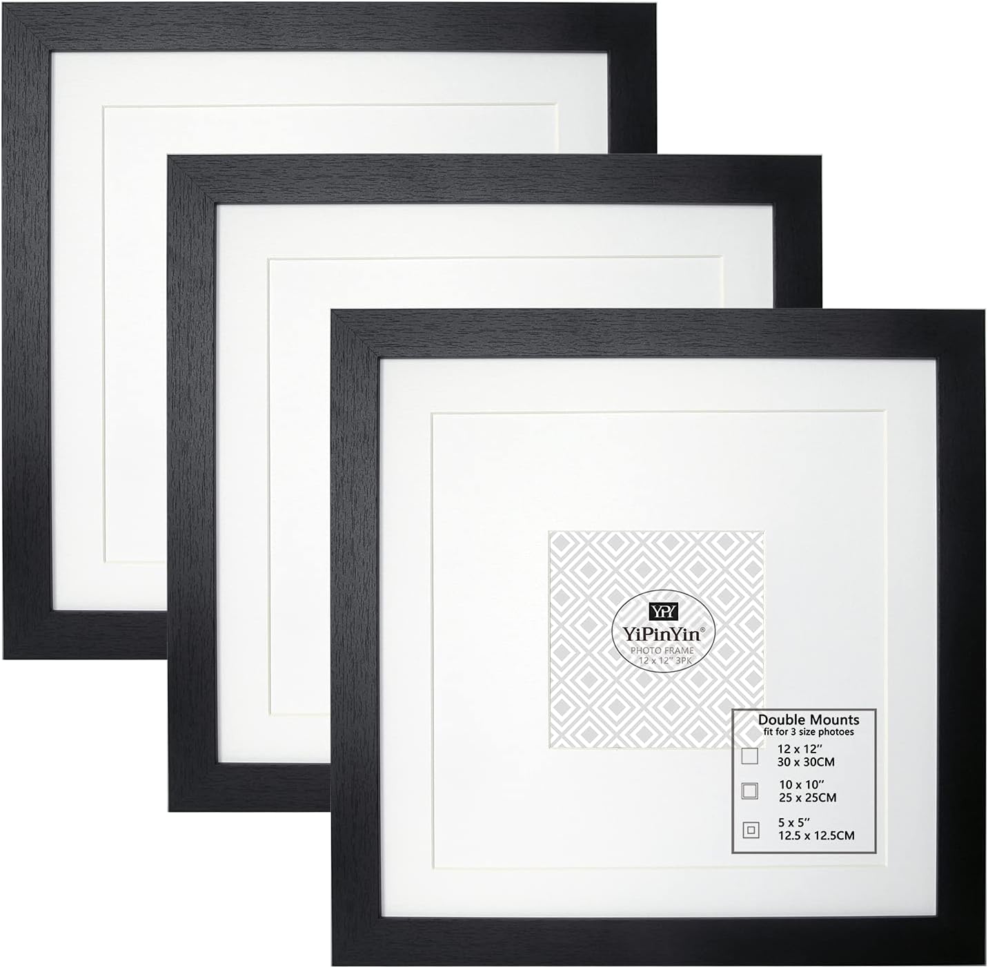 YiPinYin Black 12×12" / 30 X 30C Square Photo Frames With Double Mounts for 10×1...