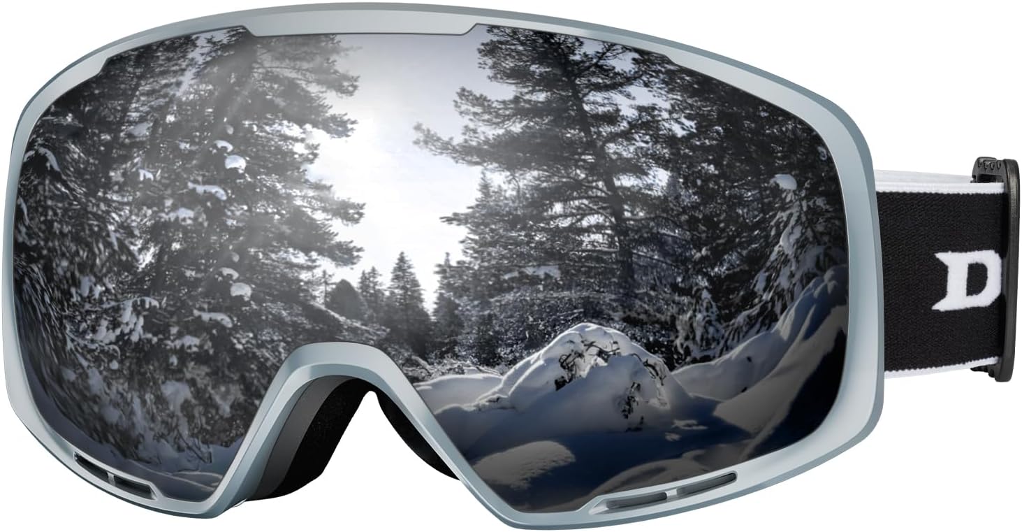 Ski Goggles-UV Protection Anti fog OTG Snow/Snowboard Goggles Greyframe Silverle...