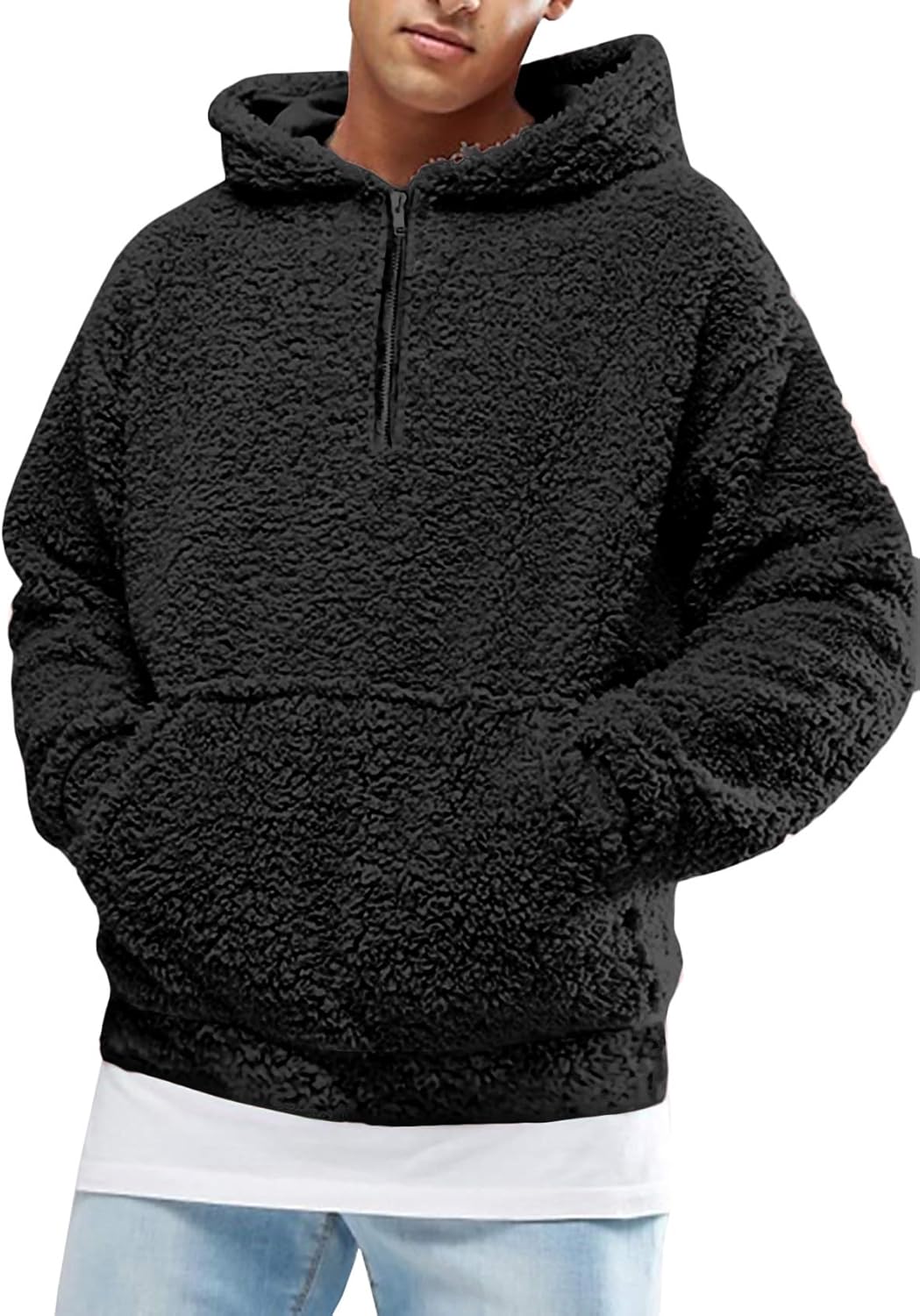 Runcati Mens Fuzzy Sherpa Pullover Hoodie Sweatshirts Long Sleeve Sport Front Po...