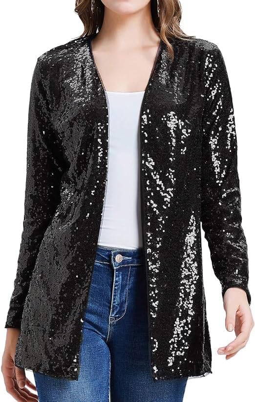 Women's Sequin Sparkle Lightweight Cardigan Casual Party Clubwear Cover Up Glitt...