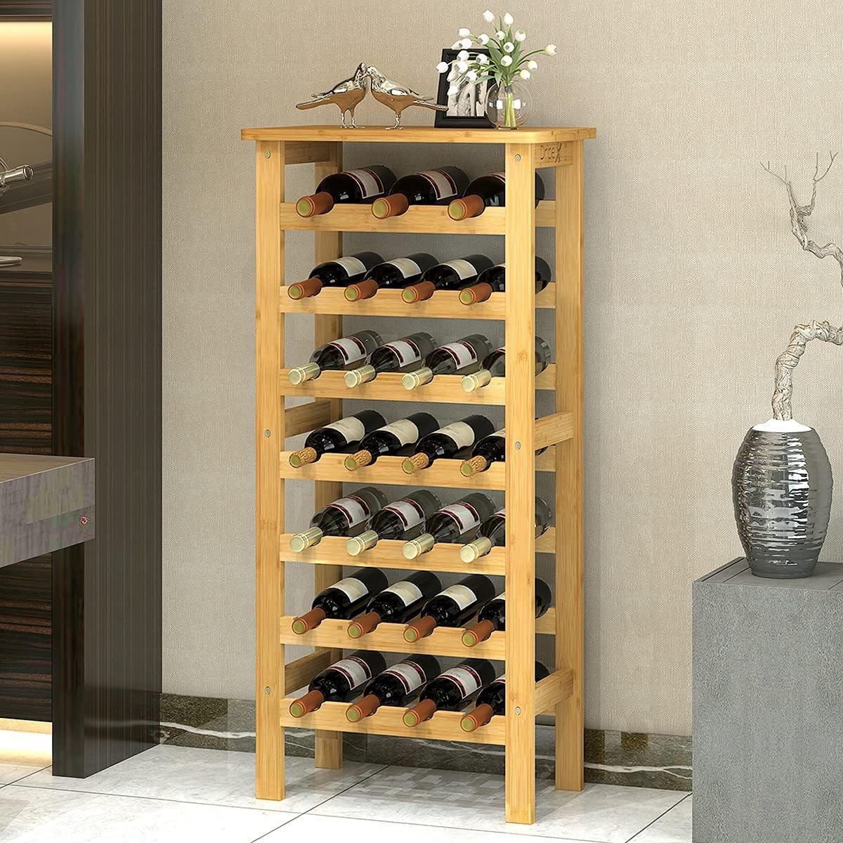 Dripex Bamboo Wine Rack Free Standing, 7-Tier 27 Bottles Wine Holder Display Sto...
