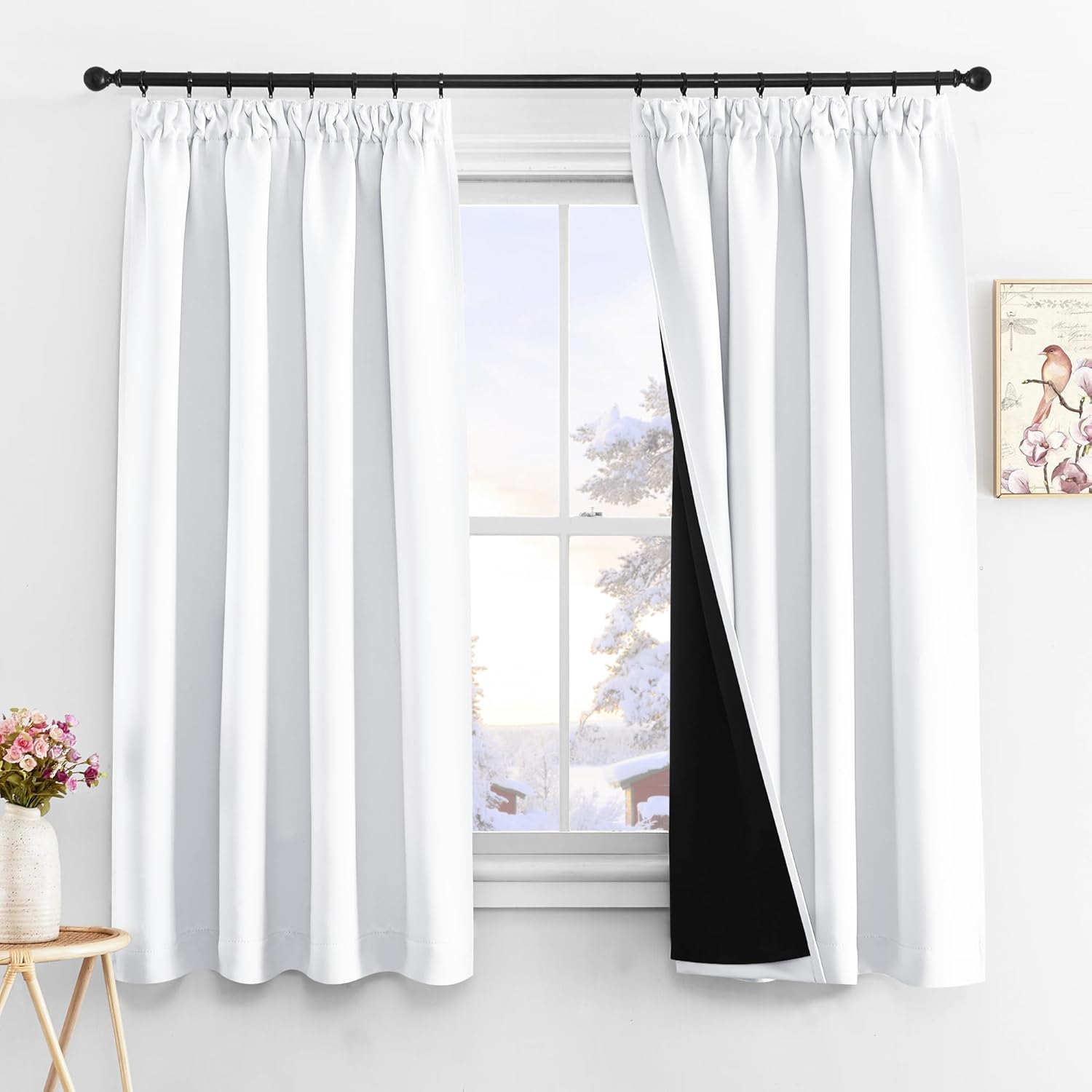 PONY DANCE 100% Blackout Pencil Pleat Curtains - Double Layers Curtains Short Th...