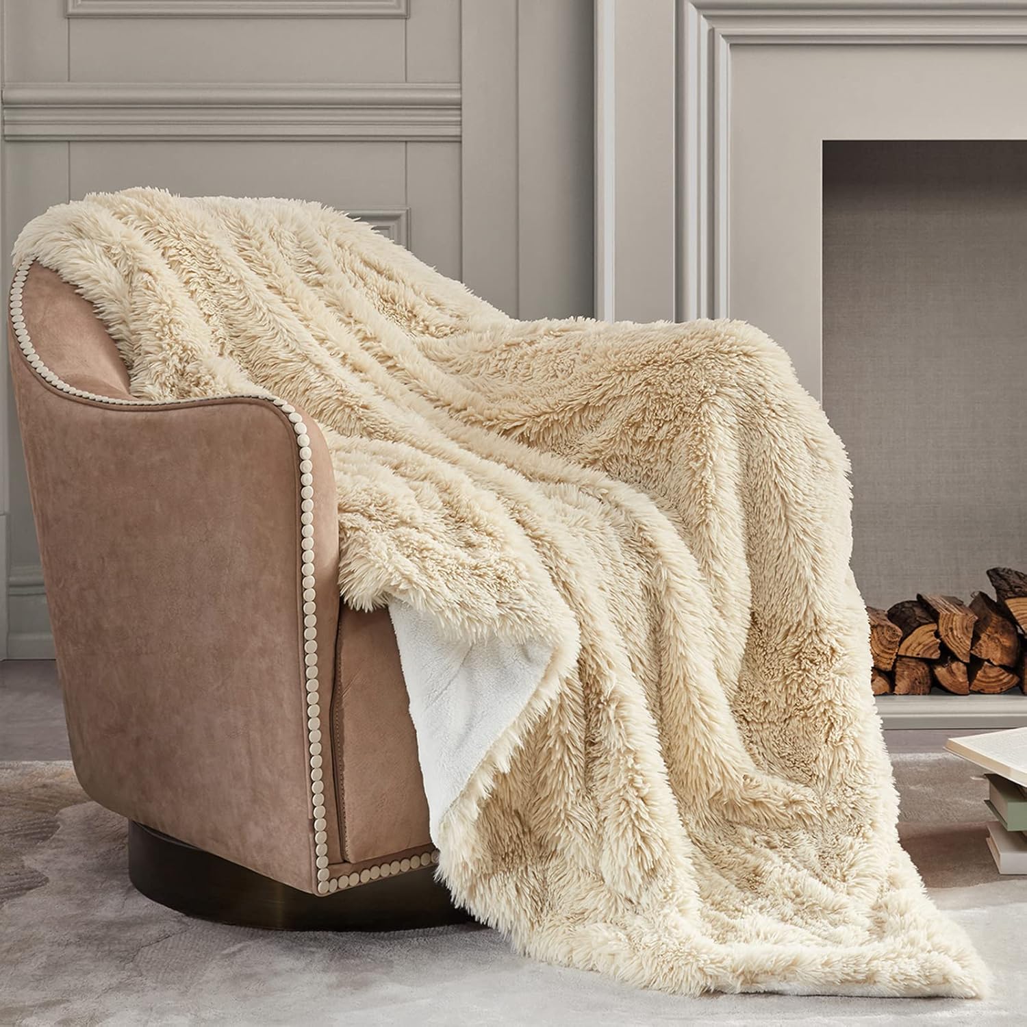 Bedfolks Faux Fur Throw Blanket 650GSM - Fuzzy Plush Soft Sherpa Fleece Blanket,...