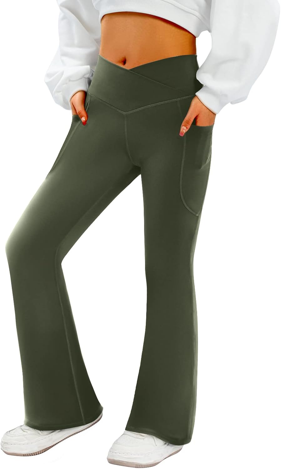 Women's Flare Yoga Pants with Pockets-V Crossover High Waisted Bootcut Yoga Legg...