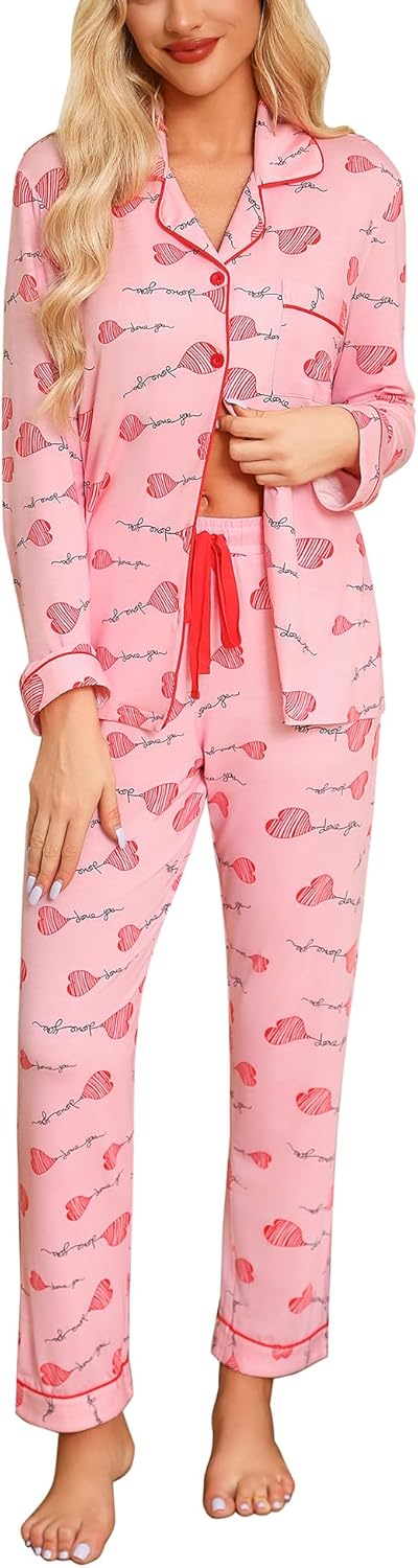 Anjue Pajamas for Women Soft Button Up Pajama Set Long Sleeve Shirt and Pajama P...
