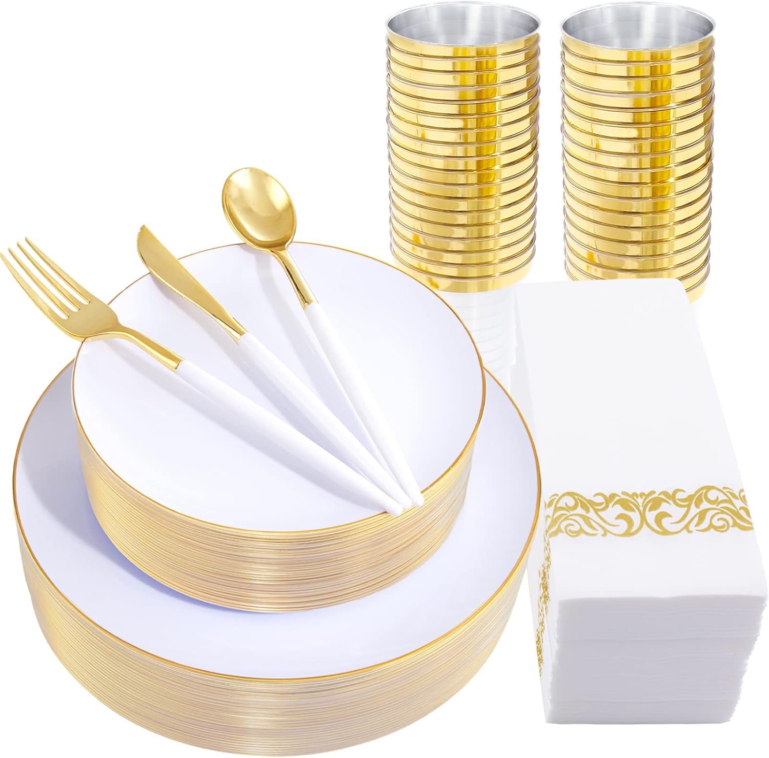 Nervure 350PCS White Gold Plastic Plates - Gold Disposable Dinnerware Sets - Gol...