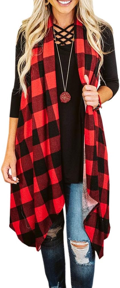 Ivay Womens Plaid Open Front Sweaters Sleeveless Duster Cardigans Drape Lightwei...
