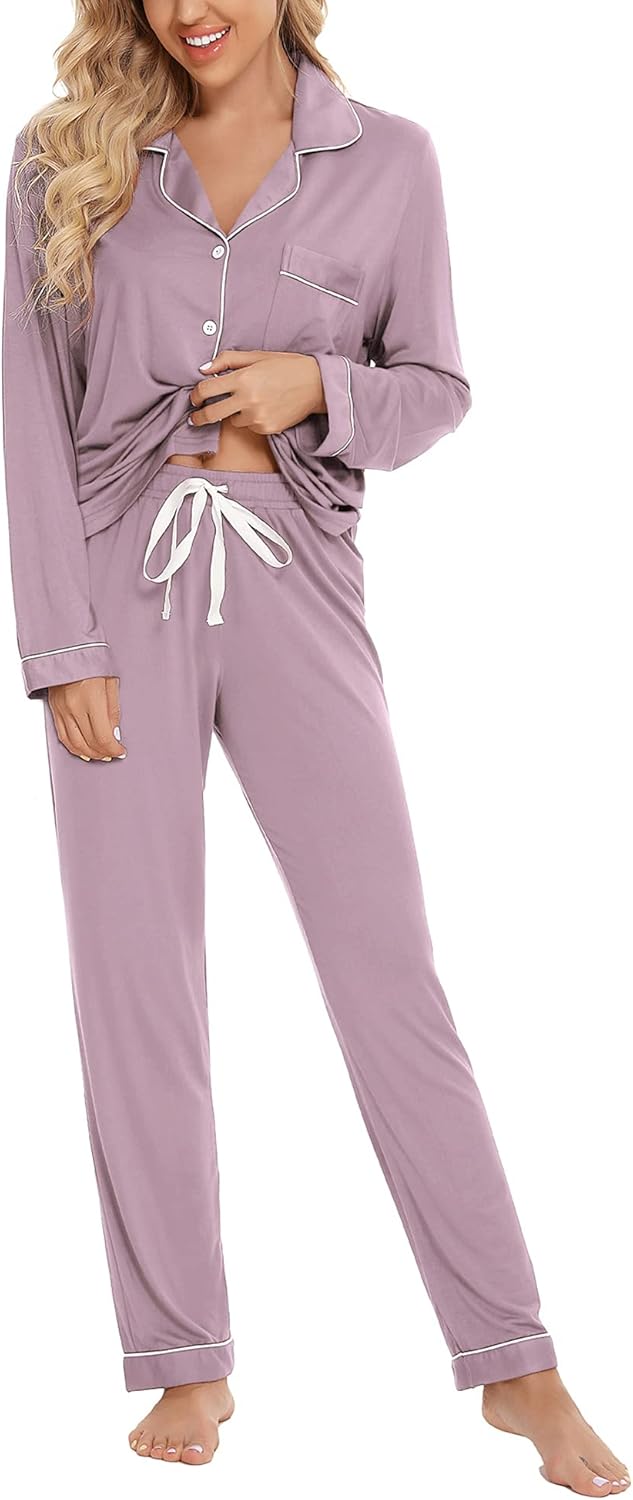 Senert Pajamas Set For Women Long Sleeve Sleepwear Soft Button Down Shirt with L...