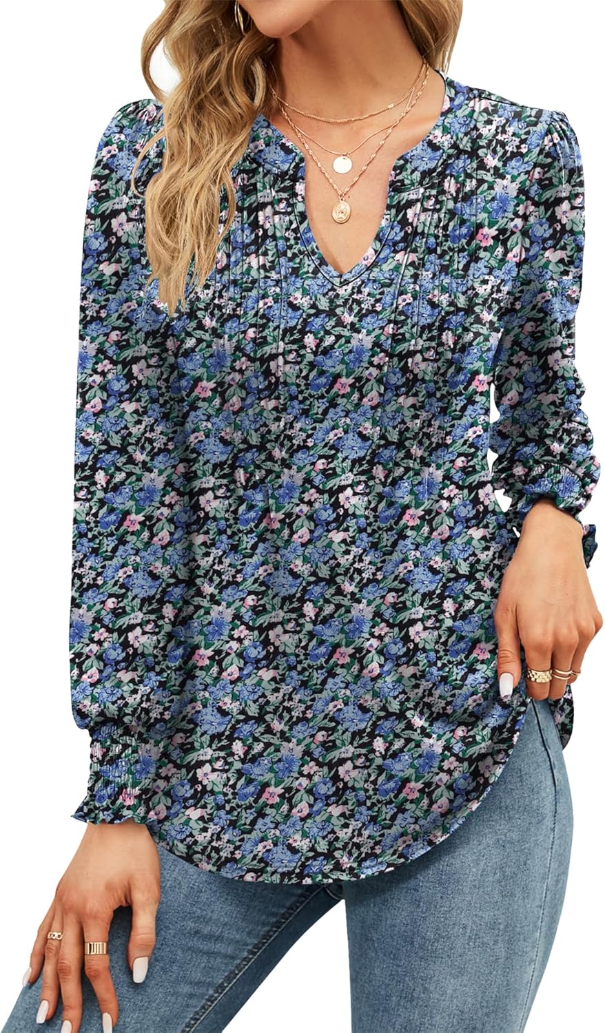 EFFAN Womens V Neck Tops Puff Short Sleeve T-Shirt Pleated Floral Printed Tunic...