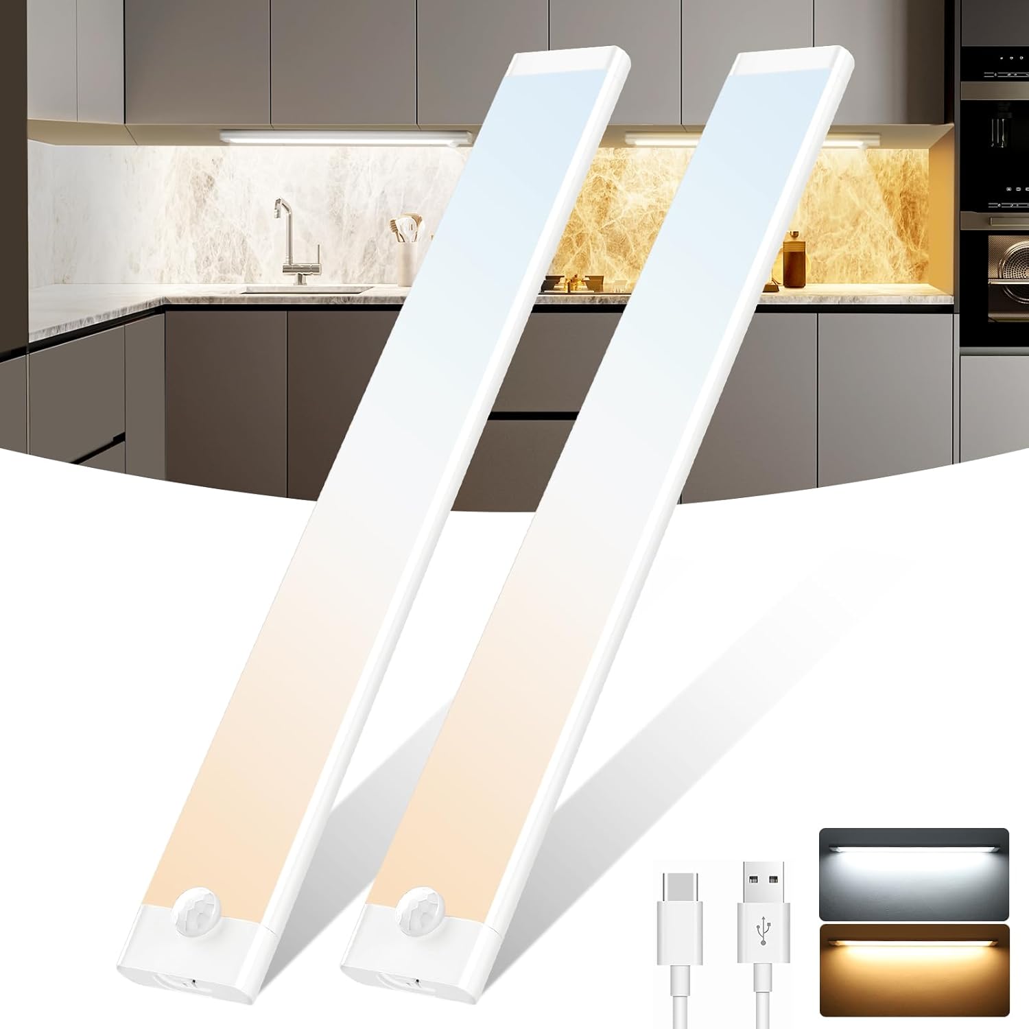 Under Cabinet Kitchen Lights, 2 Pack 30cm 72 LED Motion Sensor Lights Indoor, 20...