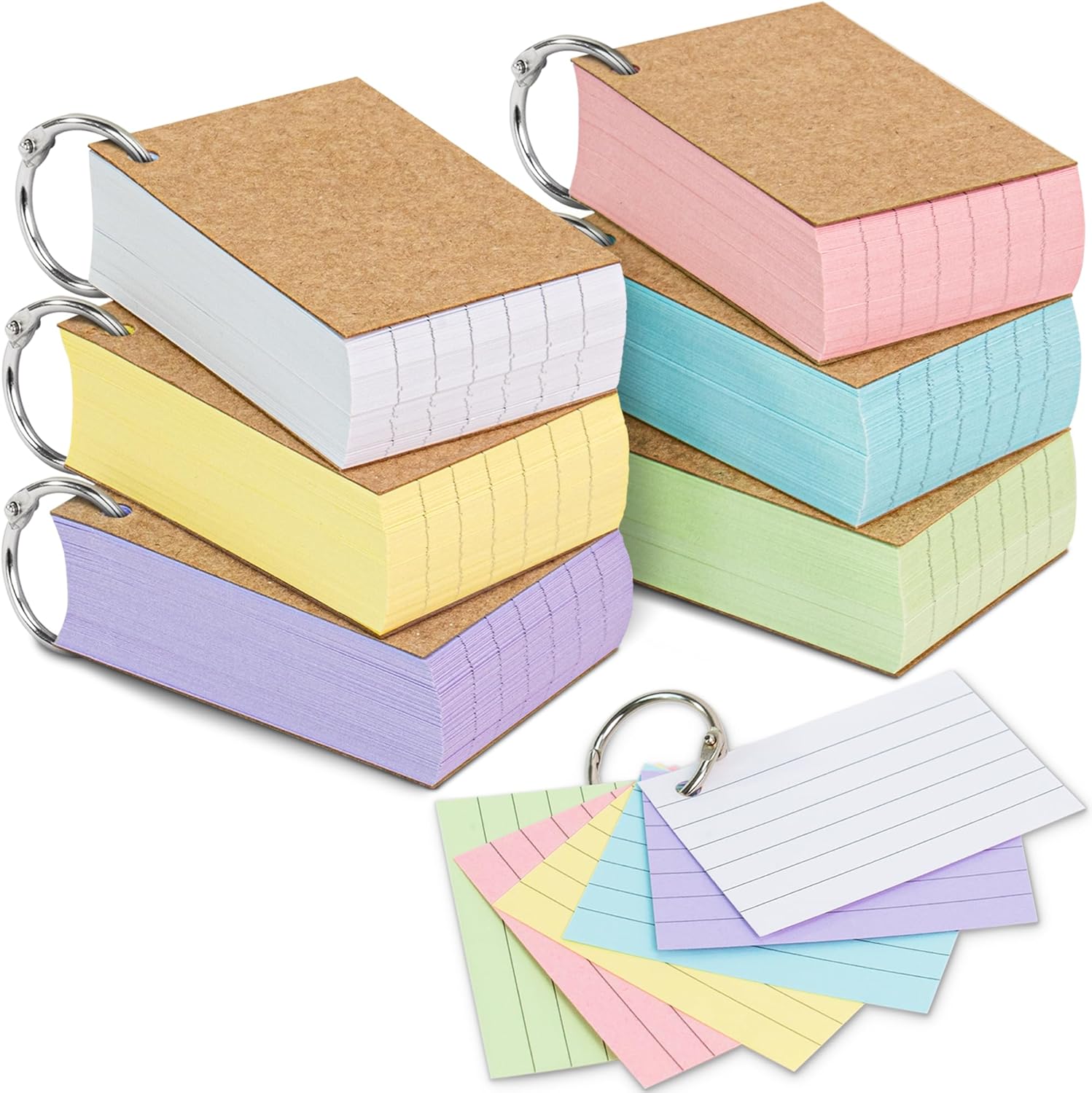 A8 Flash Card, 6 Pack 600 Pcs Revision Cards Index Cards with RingsRuled Flshcar...