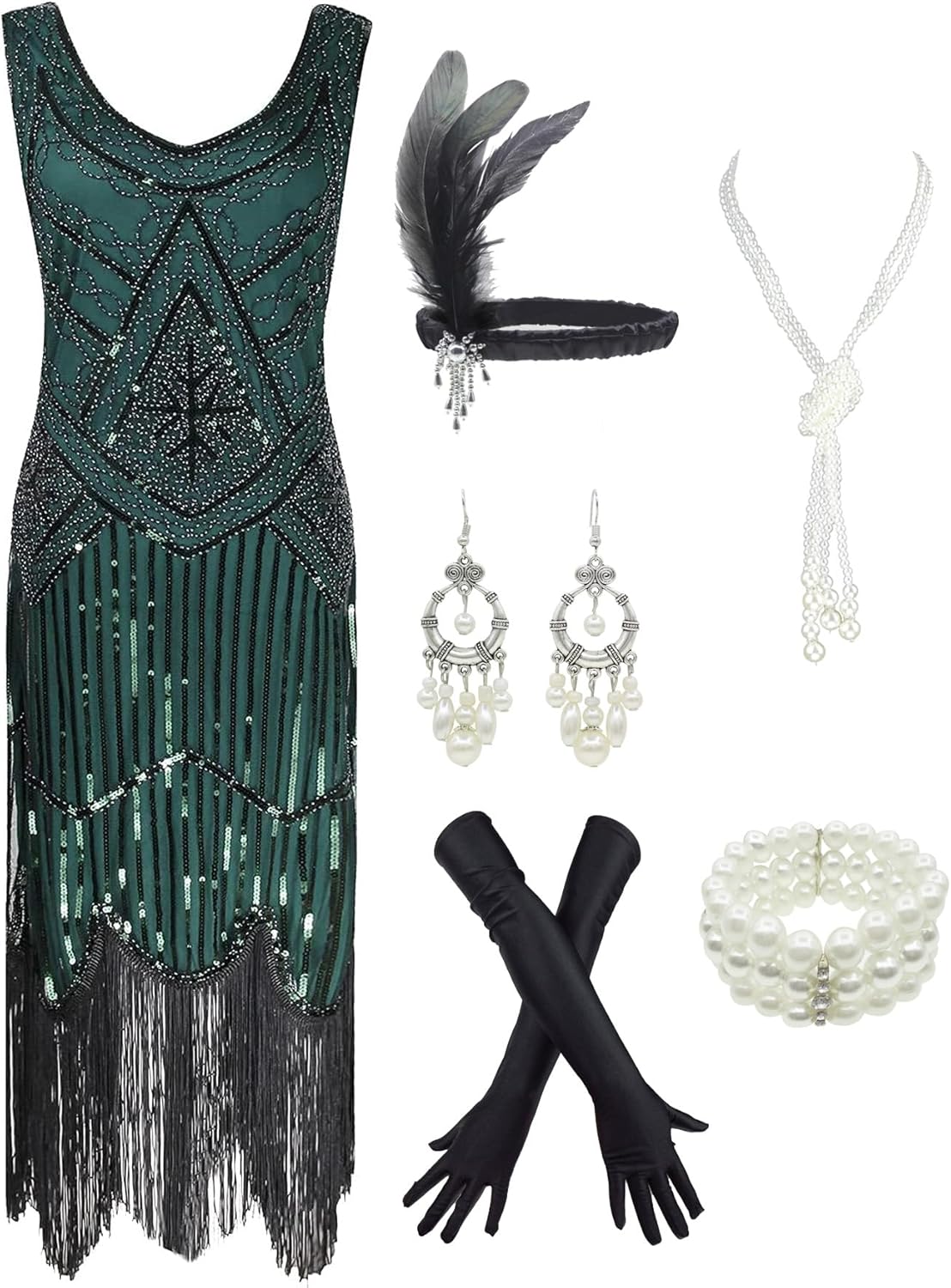 1920s Gatsby Sequin Fringed Paisley Flapper Dress with 20s Accessories Set Green...