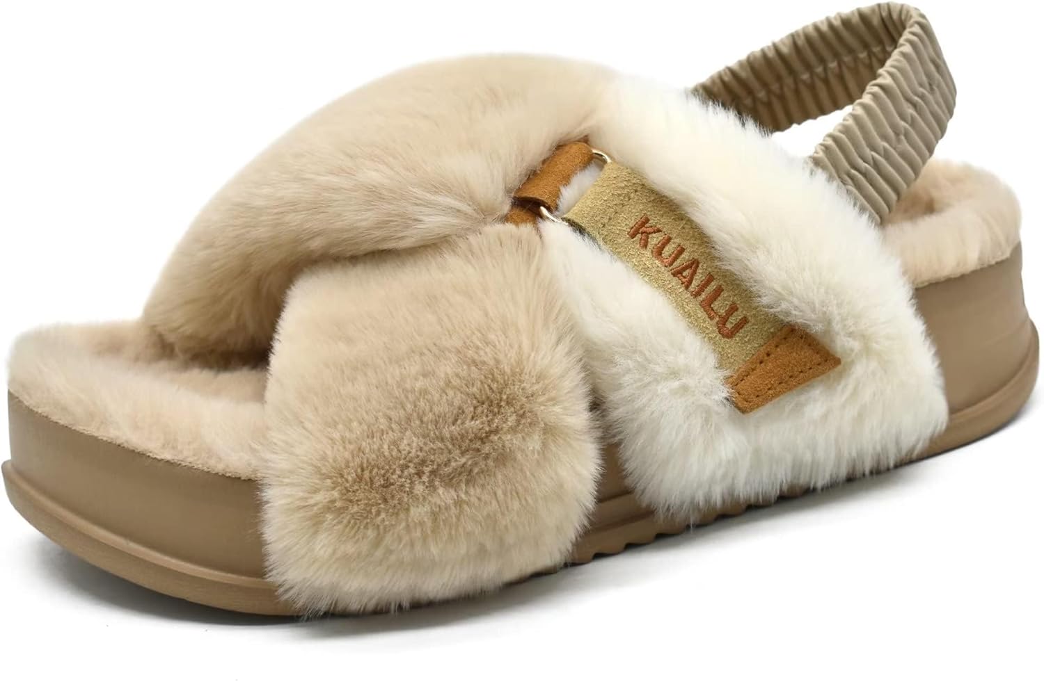 KuaiLu Womens Fuzzy Criss Cross Band Platform Slippers Arch Support Furry Faux F...