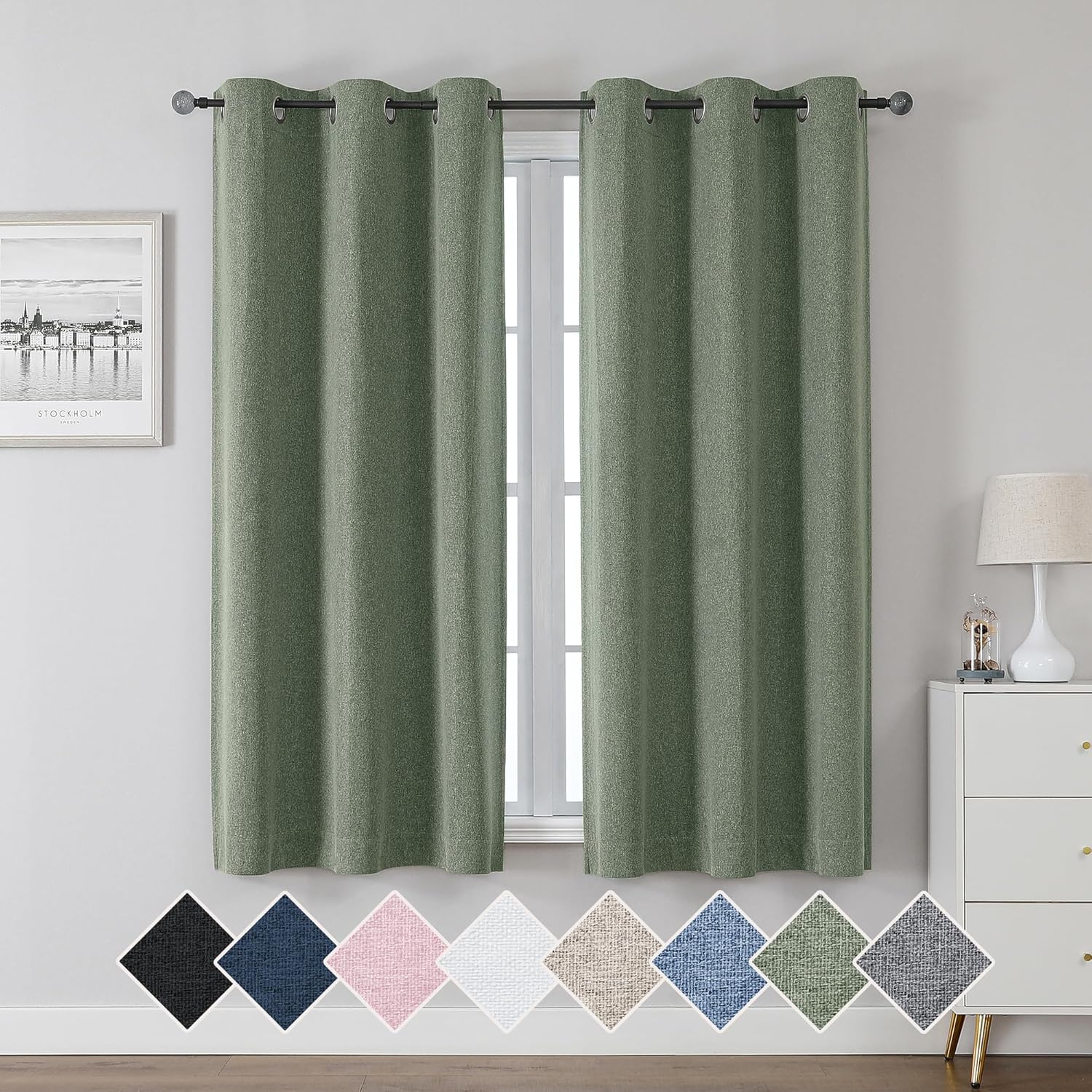 Chyhomenyc Olive Green Linen Blackout Curtains 63 Inch Length 2 Panels Set, Faux...