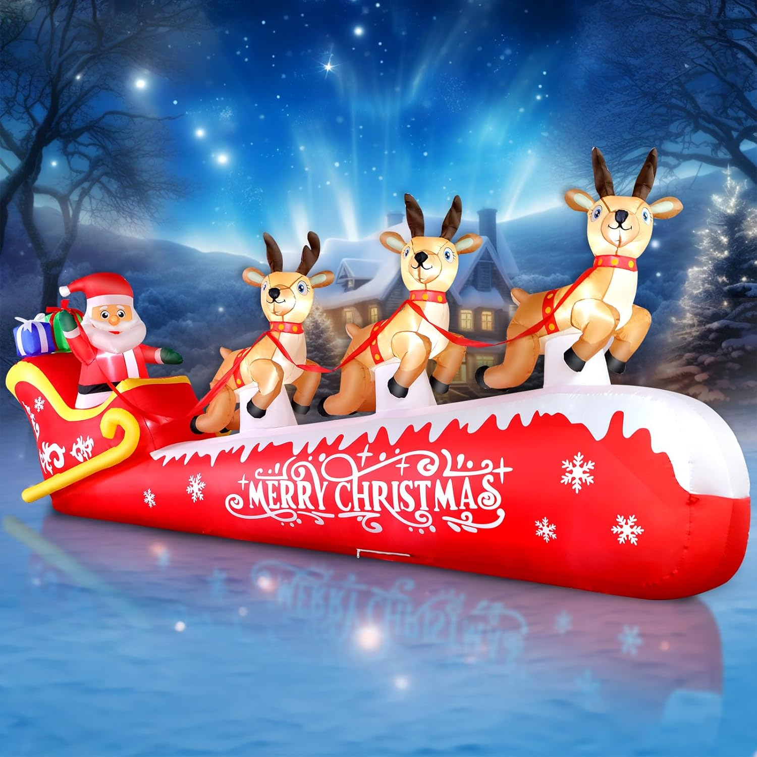 FunFanso 12FT Christmas Inflatable Santa Claus on Sleigh with 3 Reindeers Outdoo...
