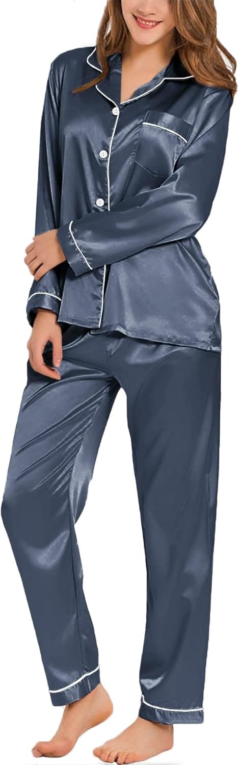 SWOMOG Women's Pyjama Set Silk Satin Long Sleeve Button Down Pyjamas Two Piece C...
