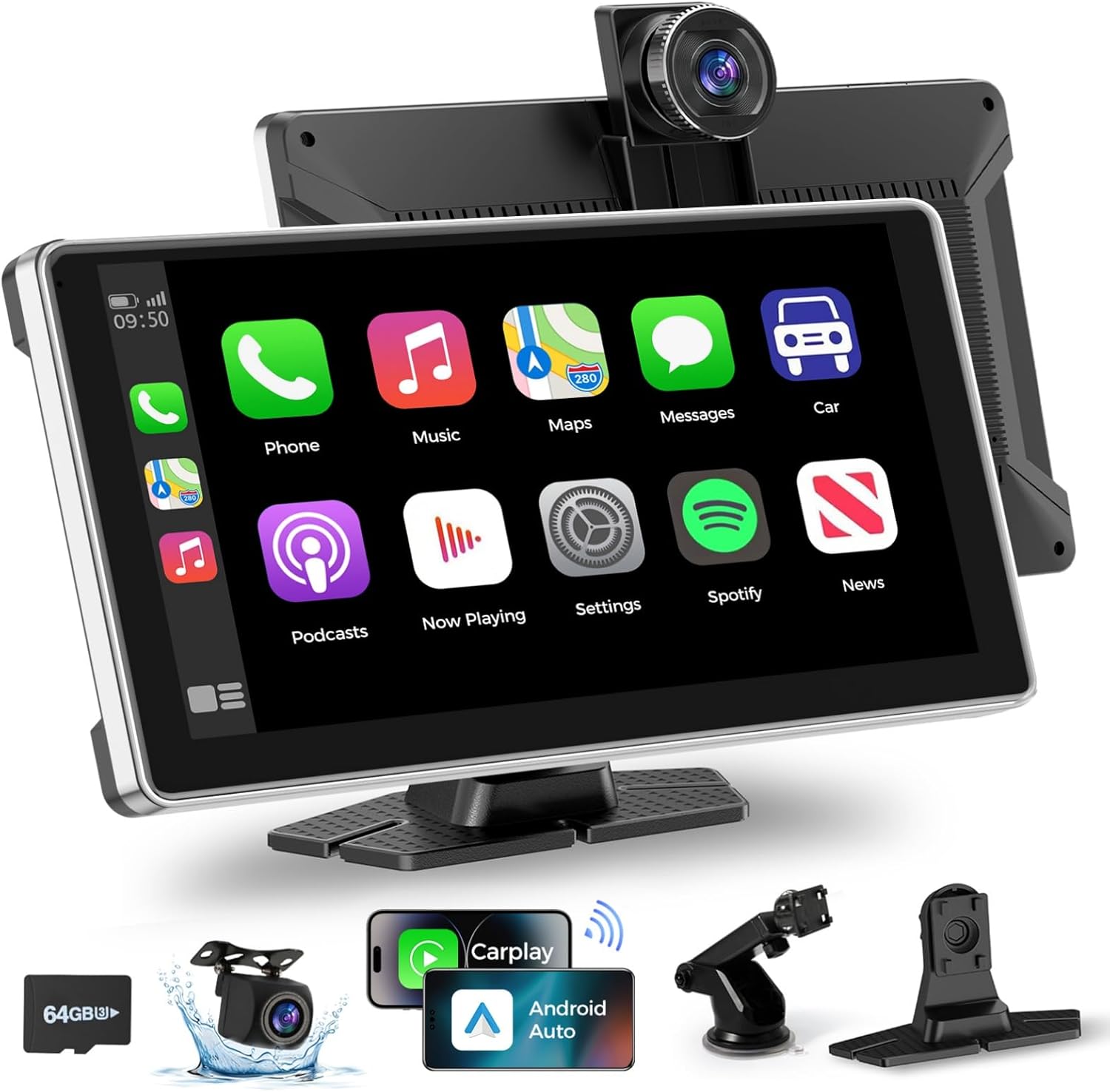 Wireless Carplay with 4K Dash Cam, 9" Portable Carplay Screen for Car, Apple Car...