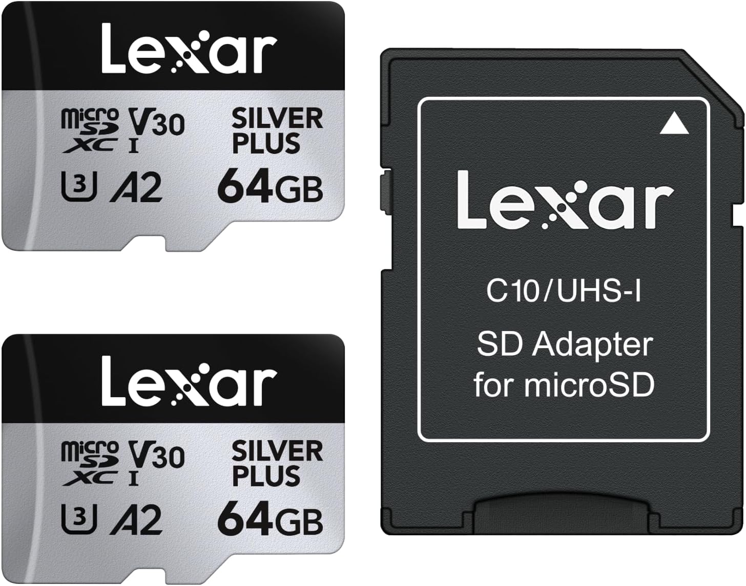 Lexar Silver Plus 64GB 2-Pack Micro SD Card up to 205 MB/s, MicroSDXC UHS-I Memo...
