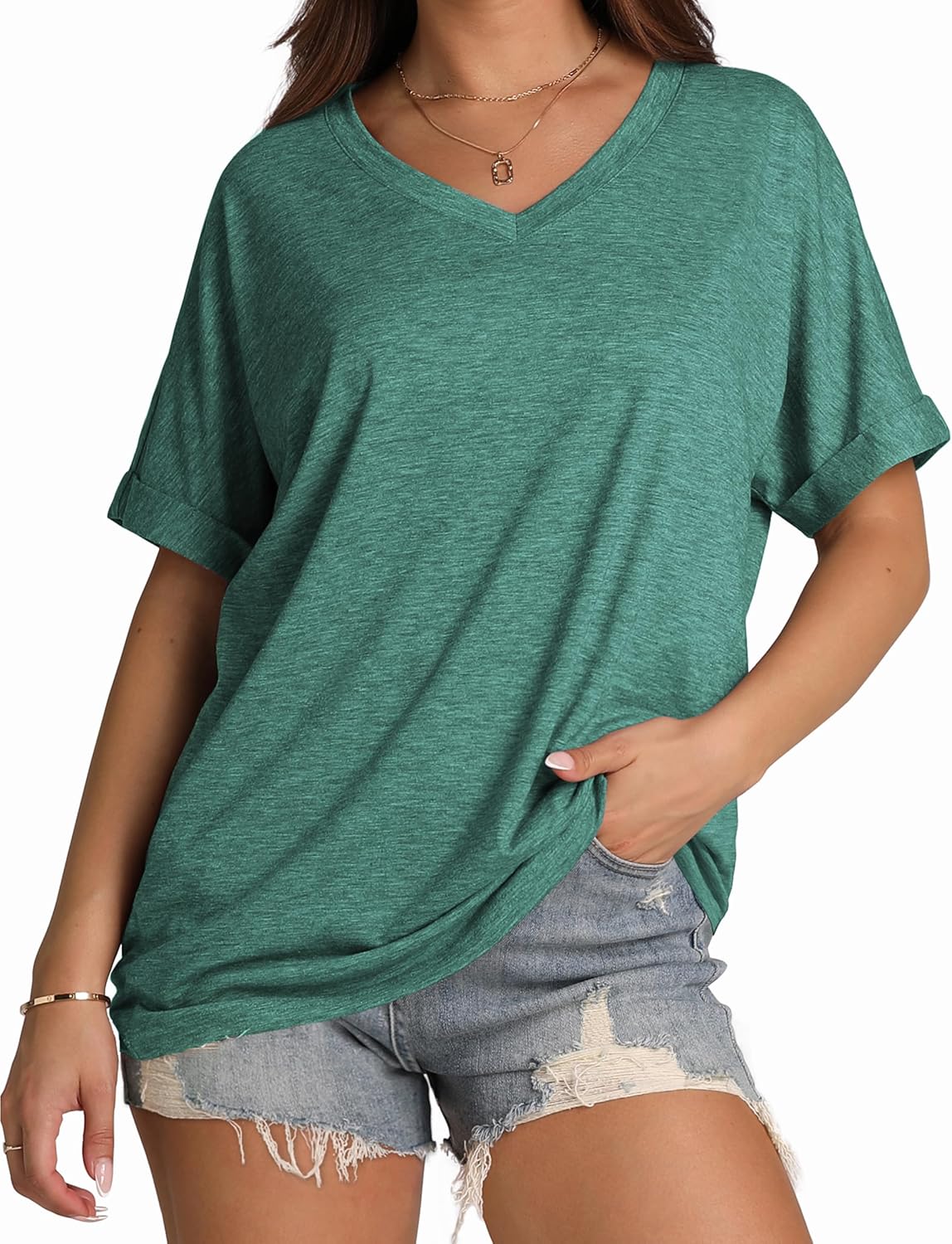 WIHOLL Womens Oversized Tshirts Shirts Summer Tops 2024 Fashion Short Sleeve V N...