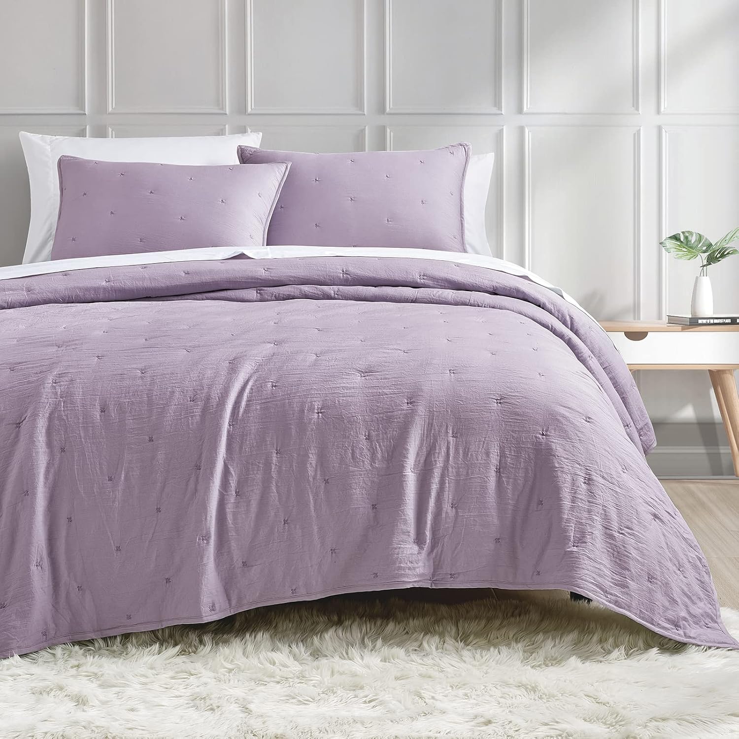 BOURINA Embroidery Quilt Set 3-Piece Oversized Queen Quilt Set Pre-Washed Microf...
