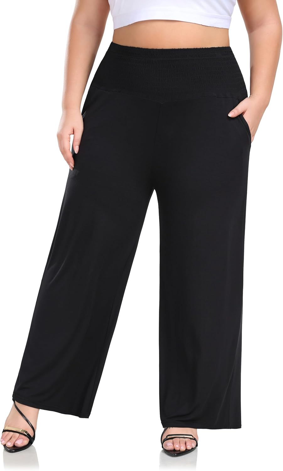 ZERDOCEAN Women's Plus Size Palazzo Pants Wide Leg Smocked Waist Casual Loose Lo...