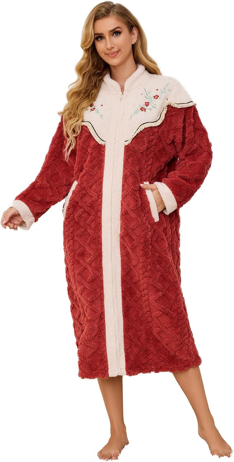 Hellomamma Womens Robes Warm Plush Winter Robe, Zip up Long Fleece Bath Robes Fe...