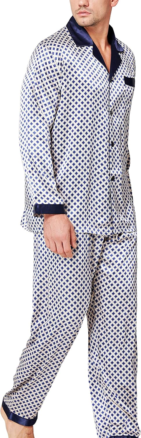 Lonxu Pajamas Set Mens Silk Satin Pajamas Long Sleeve Loungewear Two-Piece Sleep...