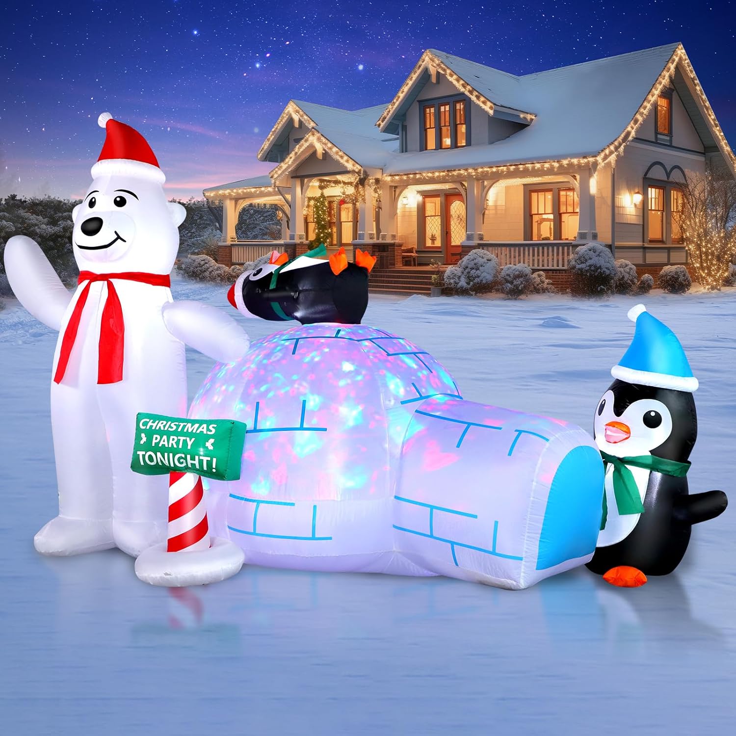 FunFanso 8FT Christmas Inflatable Polar Bear with Penguin and Igloo Outdoor Yard...