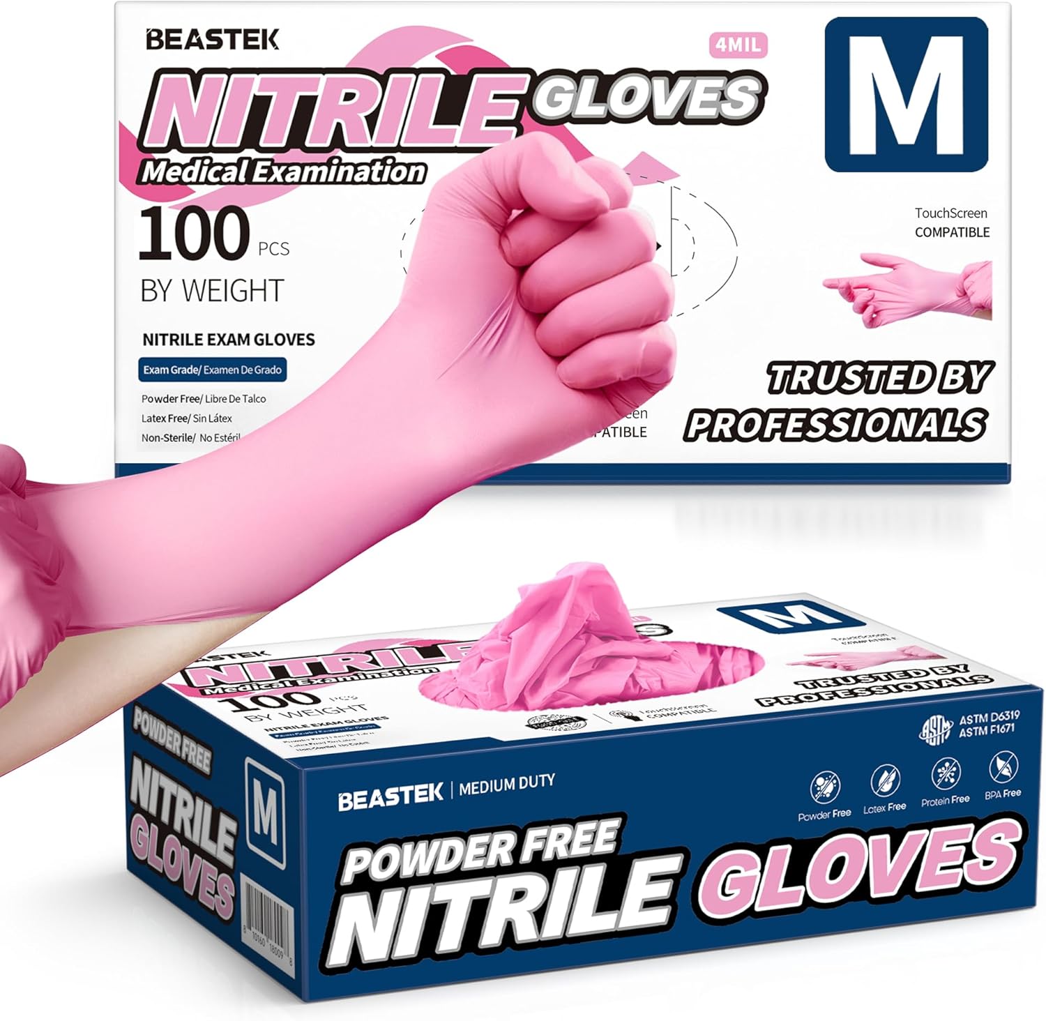 Pink Nitrile Exam Gloves, 4.0 Mil 100 Pcs Disposable Gloves Powder-Free Latex-Fr...