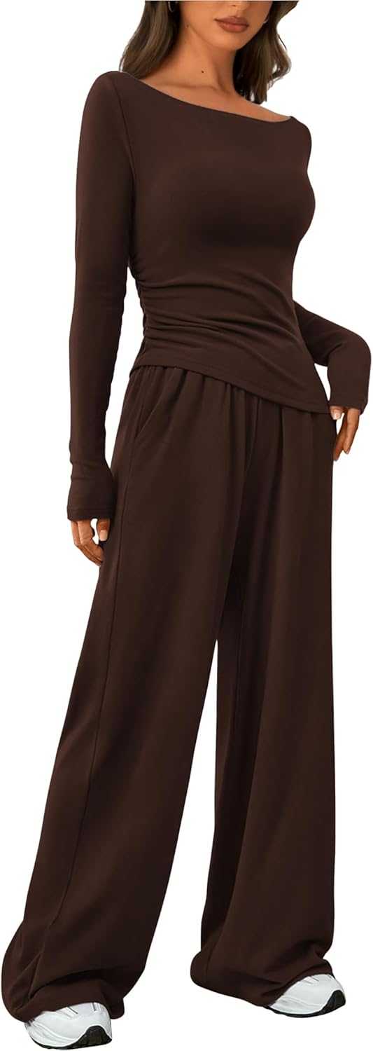 Women's Fall Two Piece Outfits Asymmetrical Long Sleeve T Shirt Wide Leg Pants L...