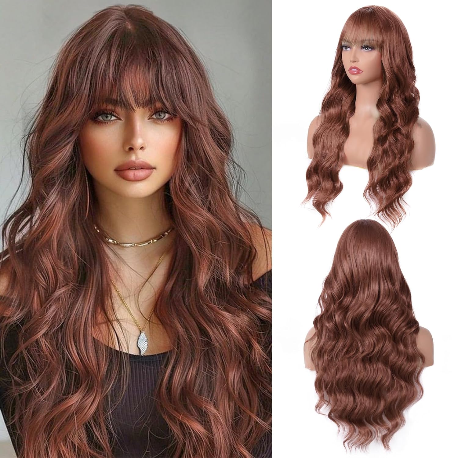 Brown Wig with Bangs for Women Long Brown Wavy Curly Wig Heat Resistant Syntheti...