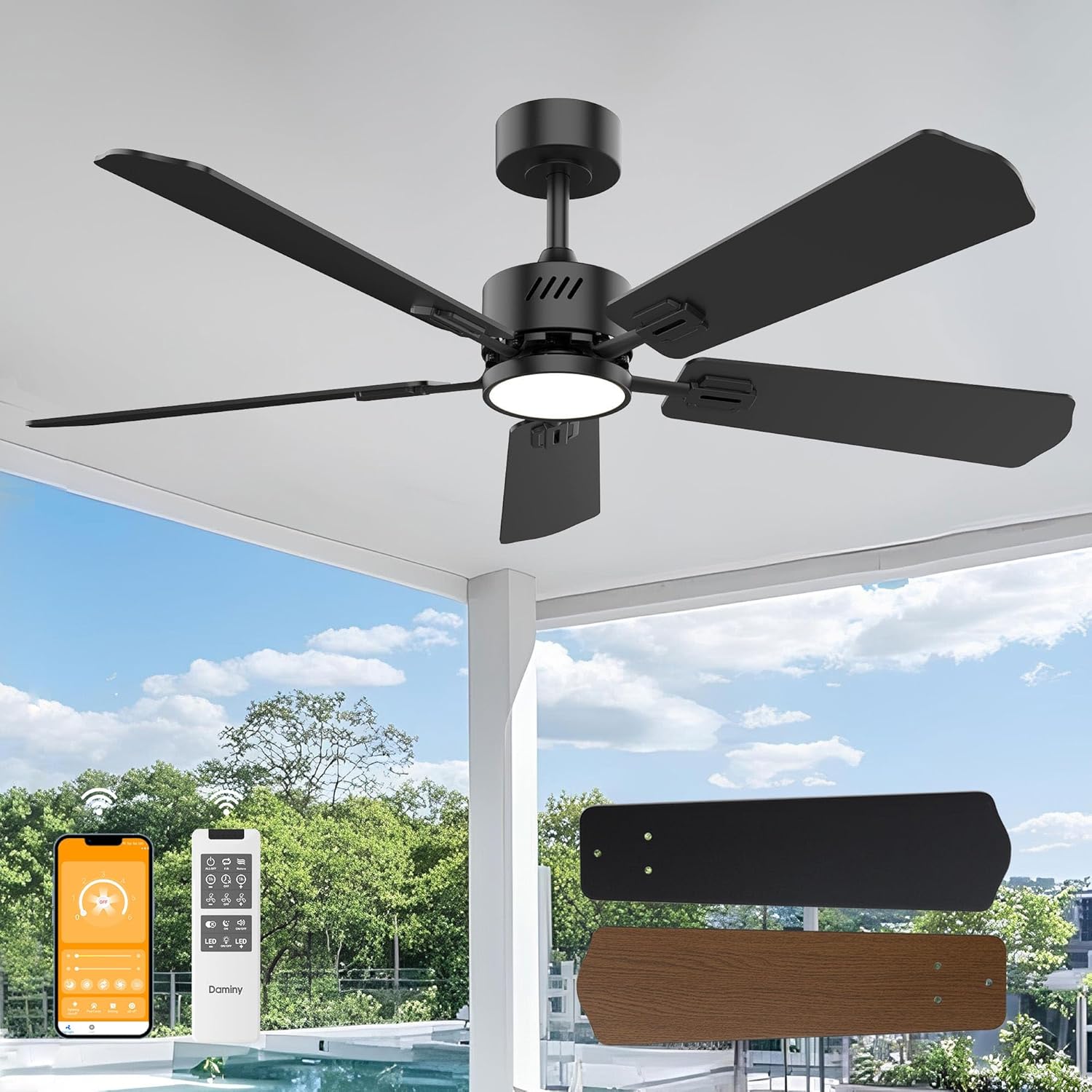 DAMINY 52 inch Ceiling Fan with Light,6CCT,5 Blade Ceiling Fan with Light,Low Pr...