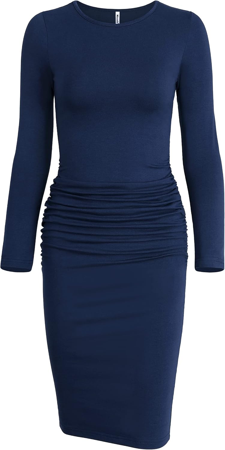 Missufe Women's Long Sleeve Ruched Casual Sundress Bodycon Sheath Knee Length Dr...