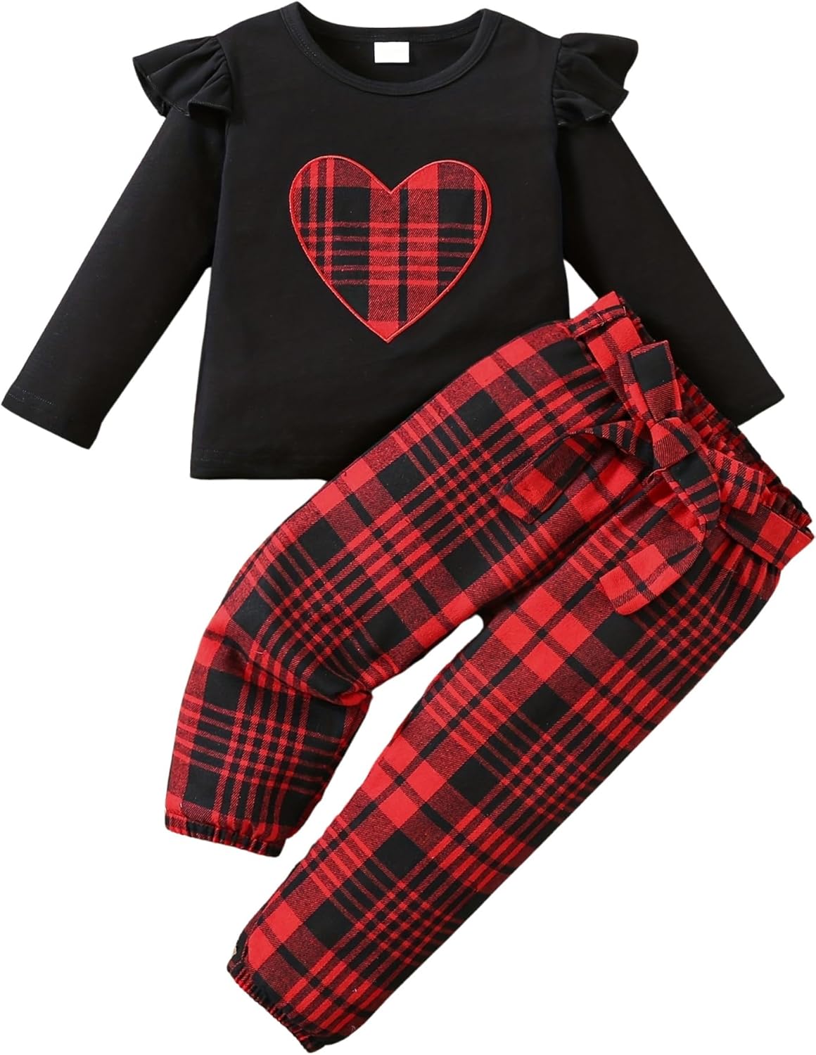 Toddler Baby Girl Valentines Outfit - Red Hearts Print Long Ruffle Sleeve Top Sw...