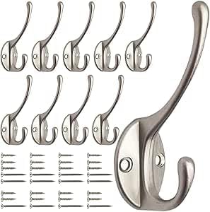 GlazieVault Satin Nickel Coat Hooks for Wall Pack 10 - Heavy Duty Coat Hooks Wal...