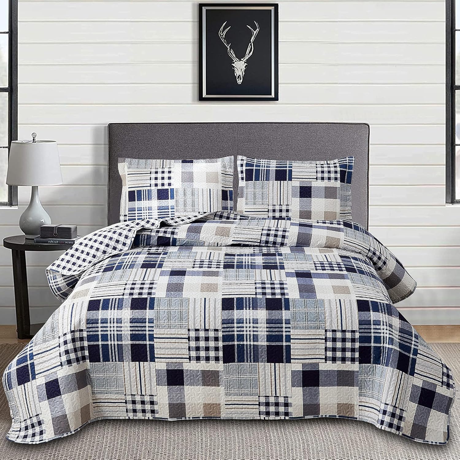 Green Essen Blue White Brown Plaid Quilt Set King Size Reversible Patchwork Beds...