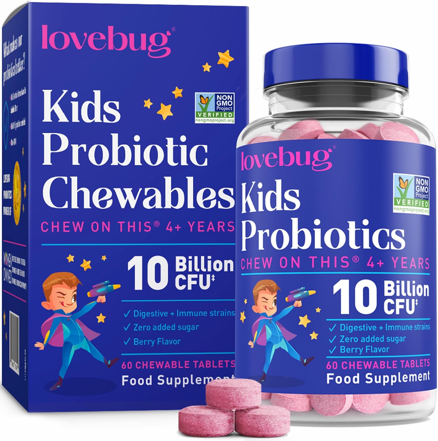 lovebug PROBIOTICS for Kids – Probiotic Chewables with Prebiotic Fiber for Age 4...