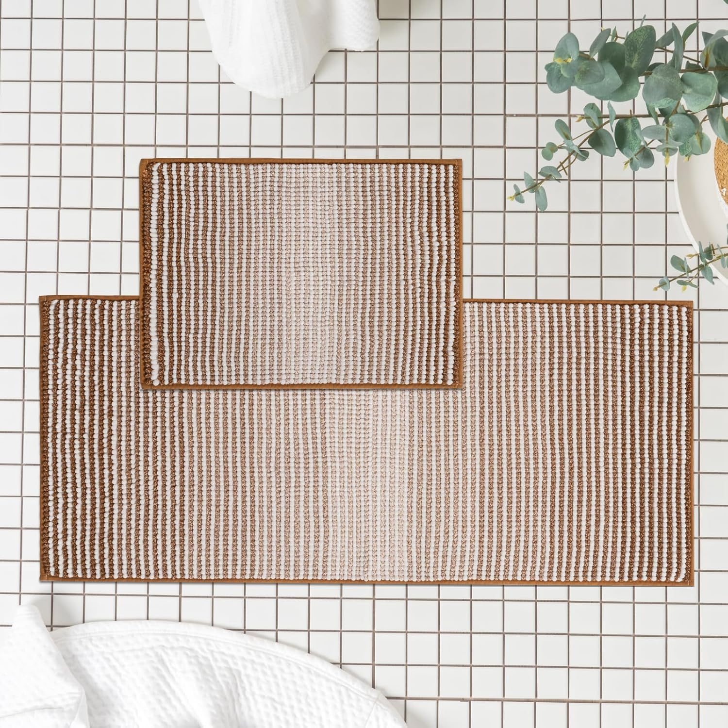 FRESHMINT Ombre Chenille Bathroom Rugs Sets 2 Piece 17"x24"+20"x47", Non-Slip Ba...