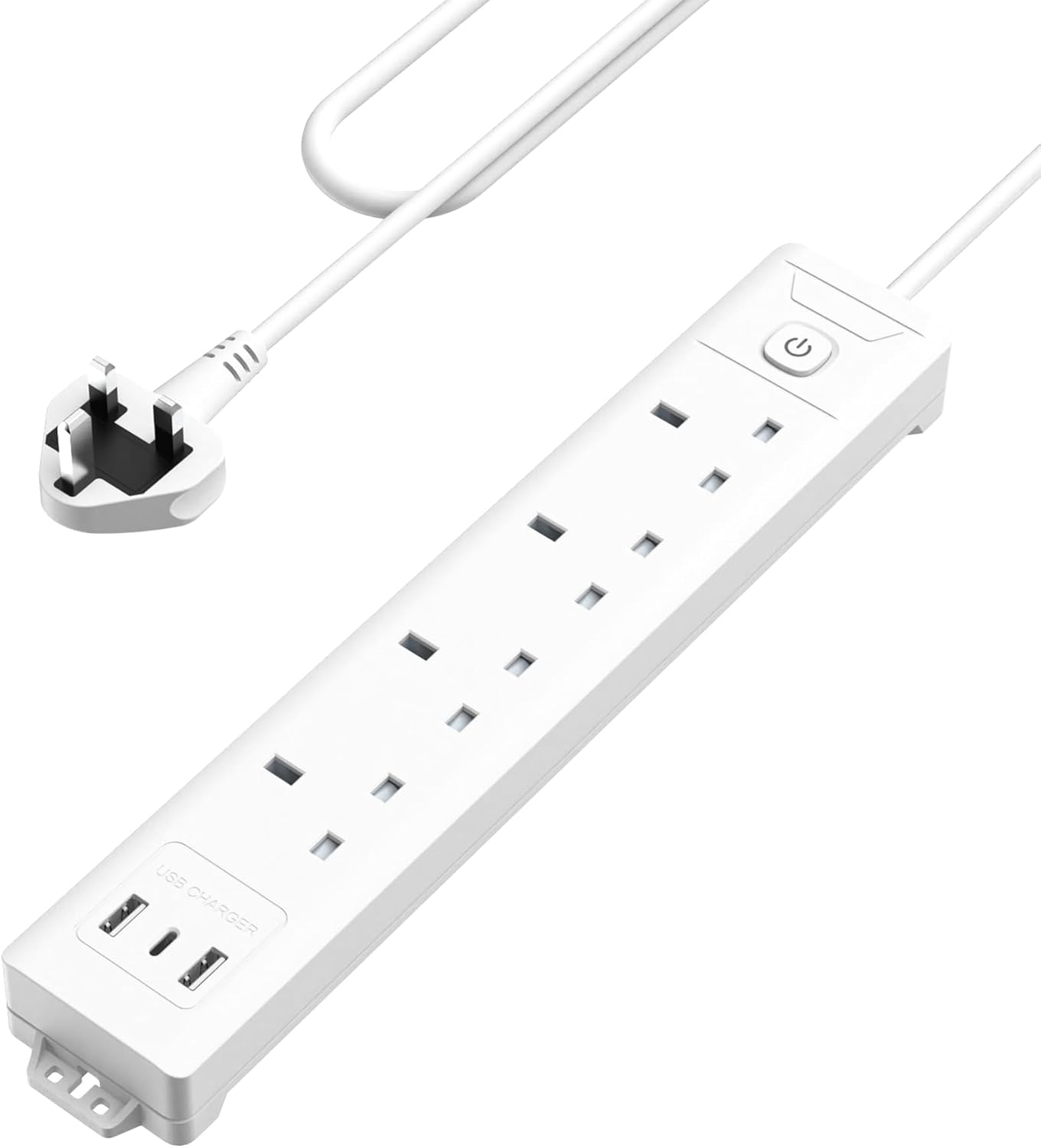 Mscien 4 Way 2m Extension Lead with 3 USB Slots (1 USB-C, 2 USB-A), Plug Extende...